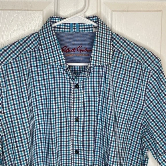 Robert Graham Modern Americana Blue Plaid Contrasting Collar Shirt L - Picture 3 of 14